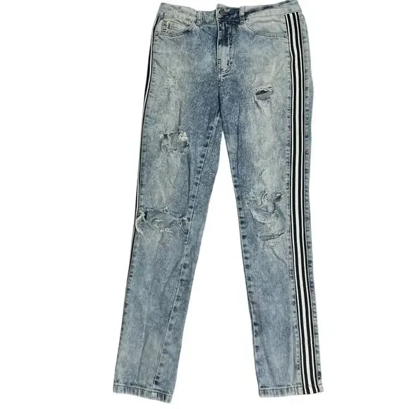 Claudia Rabelo Jeans Womens 28 Acid Distressed Straight Leg Denim Side Stripes - Picture 1 of 15